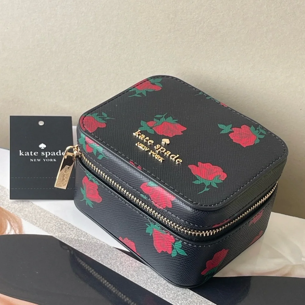 (new+tag) Kate Spade chic black jewelry box with vibrant red floral design